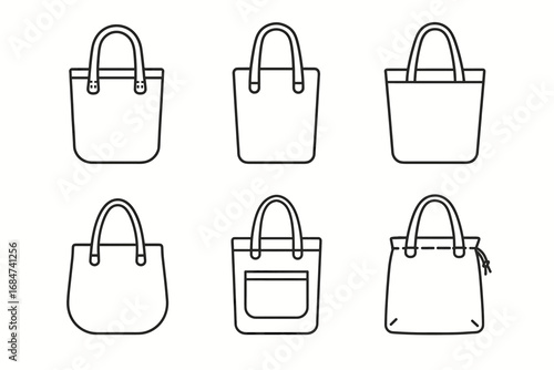 Set of six minimalist tote bag line drawings on white background