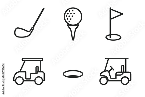 Golf icons set: club, ball, flag, cart, and hole illustrations in black and white