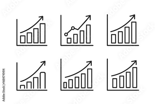 Collection of six upward trending line and bar graph symbols