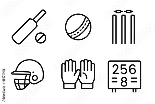 Cricket icons: bat, ball, wickets, helmet, gloves, scoreboard