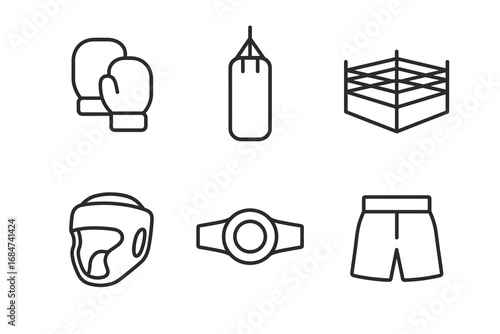 Boxing equipment icons set: gloves, punching bag, ring, helmet, championship belt, shorts