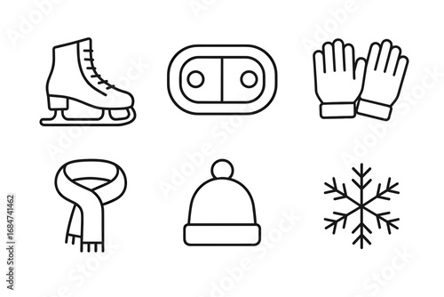 Winter sports icons: ice skate, gloves, scarf, beanie, snowflake, scoreboard