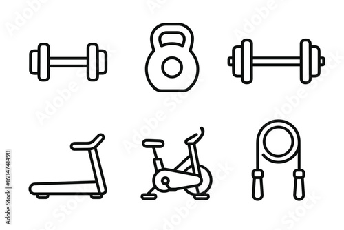 Minimalist fitness icons: dumbbell, kettlebell, treadmill, exercise bike, jump rope