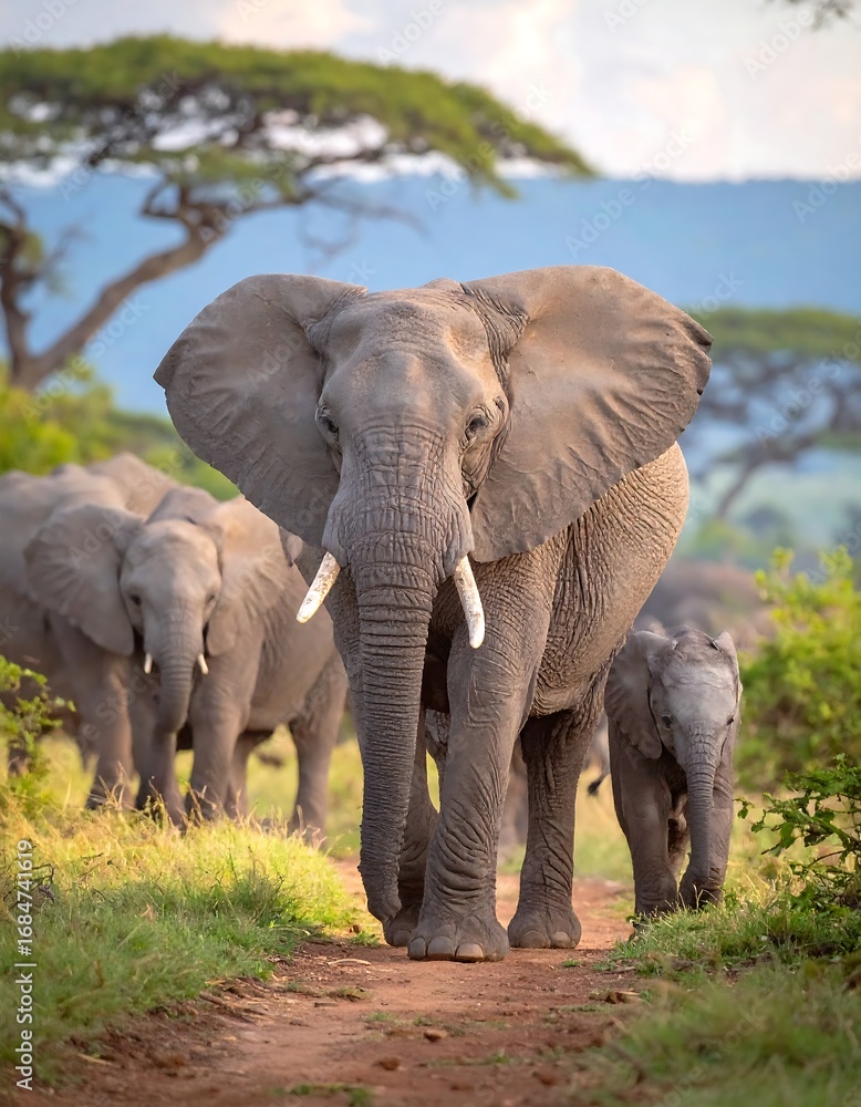 Obraz premium African elephants walking on a dirt path in a savanna