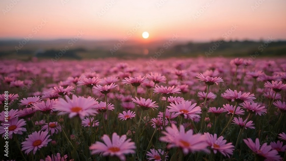 Fototapeta premium Serene Pink Daisy Field at Sunset: Tranquil Nature Photography