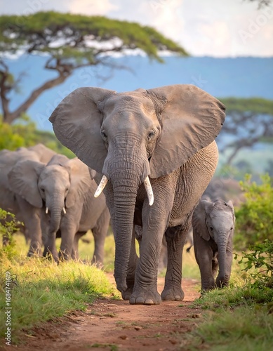 African elephants walking on a dirt path in a savanna