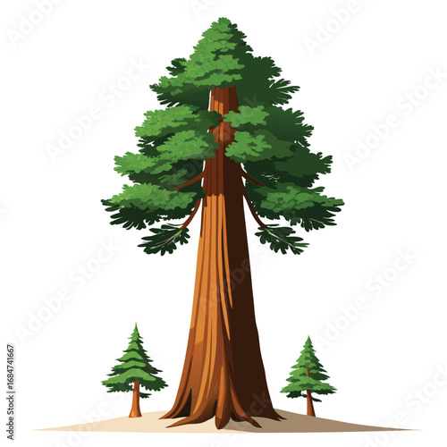 A towering sequoia tree with a thick trunk and dense foliage, a powerful illustration on a clean white background, symbolizing strength and nature.