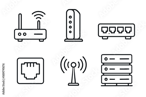 Set of network device icons: router, modem, switch, ethernet, antenna, server