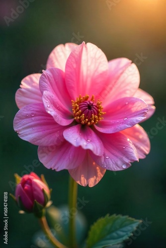 Close-up of a delicate, pink flower with dew drops, softly lit by morning sun, conveying a sense of gentle beauty and serenity , wildlife, delicate