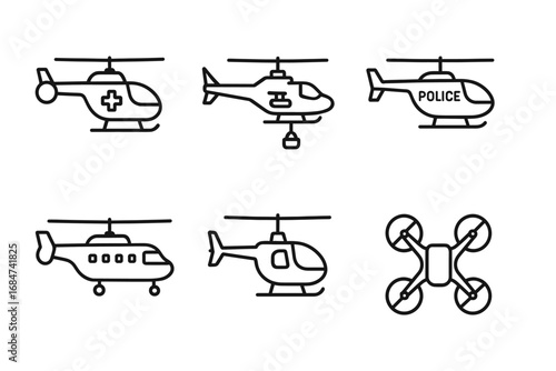 Set of helicopter and drone icons for various services