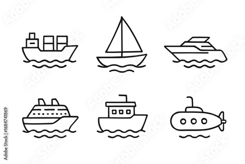 Minimalist black and white icons: sailboat, yacht, submarine, cargo ship