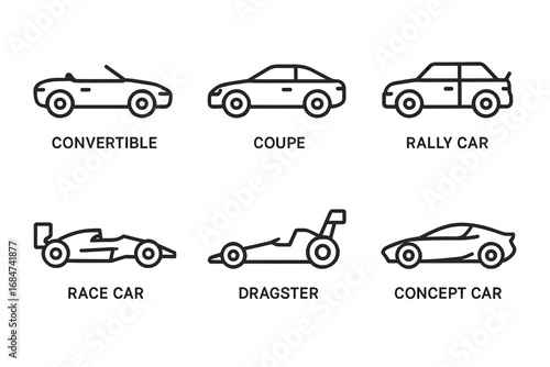Outline icons of convertible, coupe, rally car, race car, dragster, and concept car