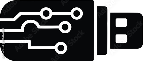 A black and white illustration of a usb drive with circuit board design on the side of the drive