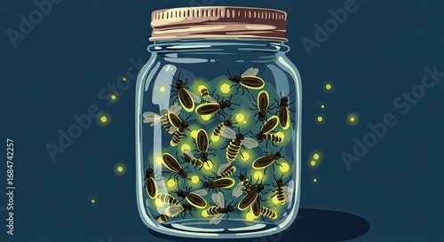 Glowing Fireflies Filling Glass Jar on Dark Blue Background