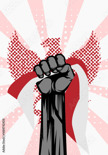 Raised arm fist hold red and white flag with Garuda silhouette background for heroic national day in Indonesia