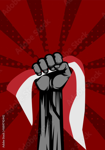 Raised arm fist hold red and white flag, background for heroic national day in Indonesia