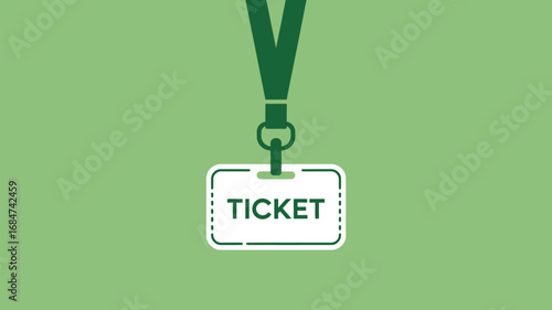 A stylized green ticket badge with a lanyard hanging against a solid green background illustration