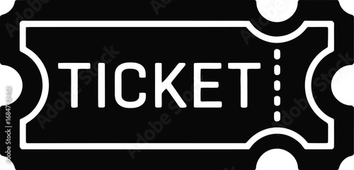 A single black and white ticket with the word ticket written in bold white letters across the center