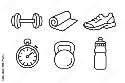 Fitness icons: dumbbell, yoga mat, sneaker, stopwatch, kettlebell, water bottle