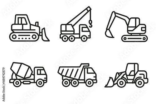 Heavy construction vehicles icons: bulldozer, crane, excavator, mixer, dump truck, loader illustrations