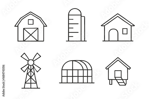 Simple outline icons of farm buildings: barn, silo, greenhouse, windmill, house, coop