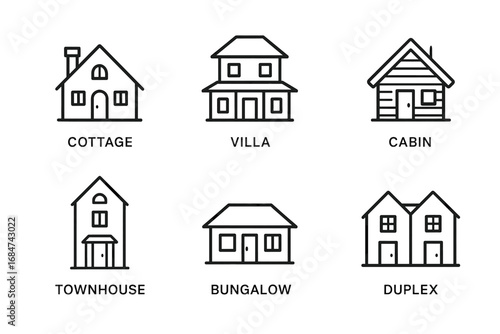 Modern house types: cottage, villa, cabin, townhouse, bungalow, and duplex icons