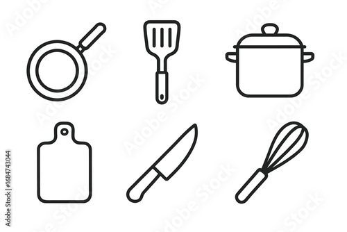 Collection of essential kitchen utensils line art