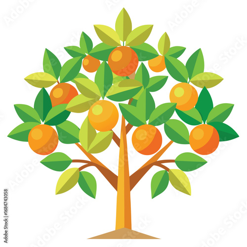 A vibrant citrus tree with bright oranges and green leaves, a healthy and detailed illustration on a clean white background, for nature or food themes.