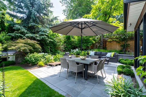 Modern backyard garden with adjustable parasol over outdoor dining set