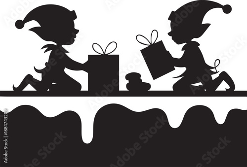 Silhouetted christmas elves exchanging gifts under a snowy border merry holiday scene