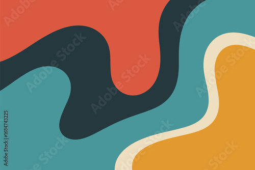 Abstract flowing shapes in retro colors of orange teal navy and cream creating a wavy pattern design