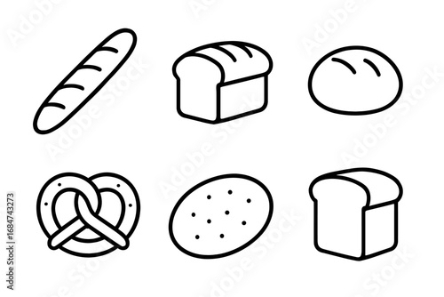 Assorted bread icons: baguette, loaf, round bread, pretzel, flatbread