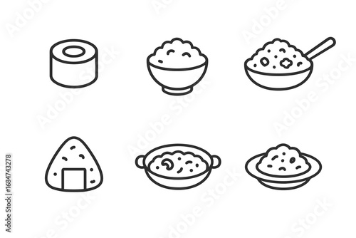 Minimalist icons of rice dishes and sushi elements in black line art