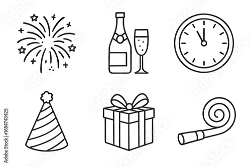 New year's celebration icons: fireworks, champagne, clock, party hat, gift, noise maker