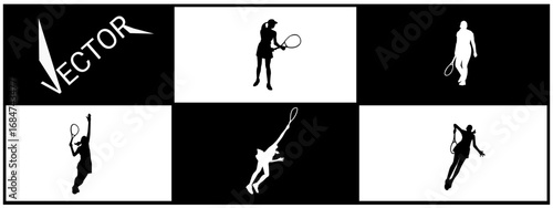 Set of silhouettes of different tennis players in different poses. Vector illustration.
