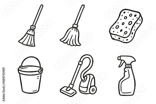 Cleaning tools: broom, mop, sponge, bucket, vacuum, spray bottle outline icons