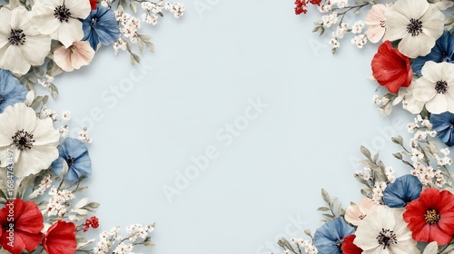 Floral frame with red white and blue flowers on pastel background