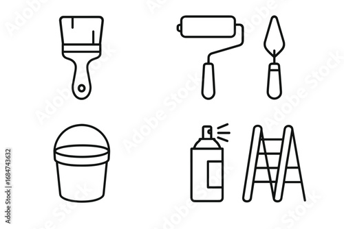 Outline of painting tools: brush, roller, trowel, bucket, spray can, ladder