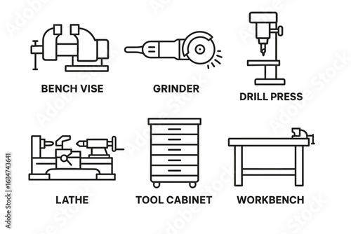 Essential workshop tools: bench vise, grinder, drill press, lathe, tool cabinet, workbench
