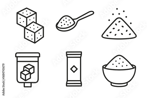 Various sugar types and forms: cubes, granules, and packets illustrated