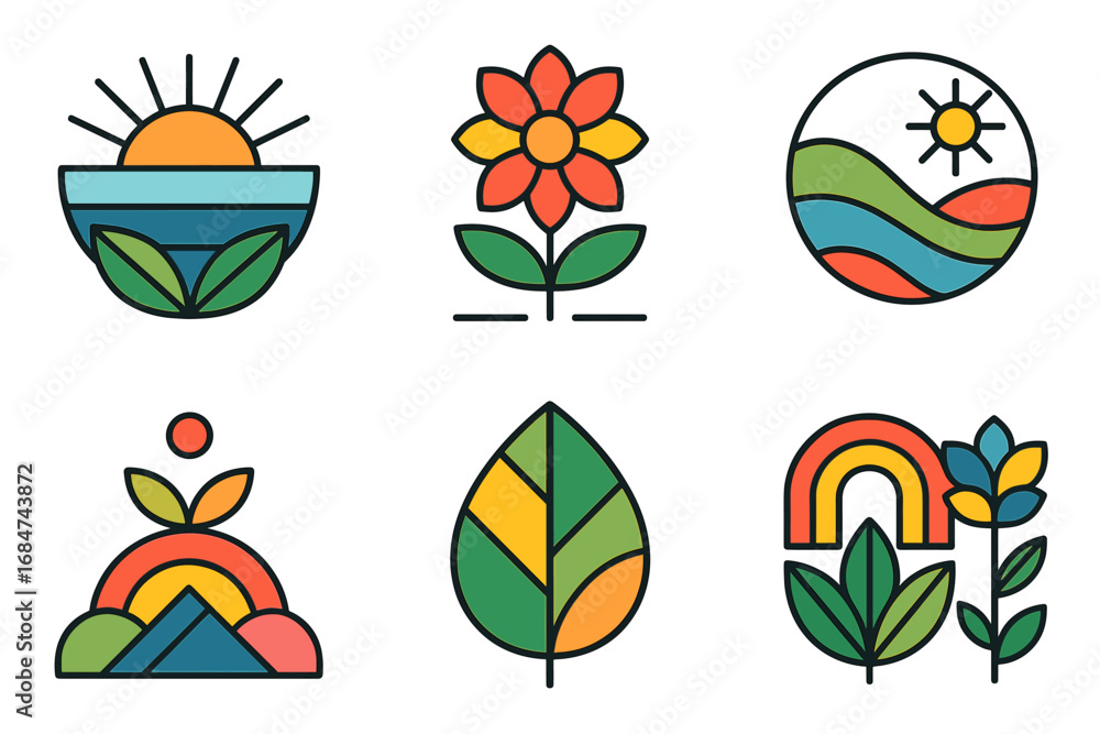 Naklejka premium Colorful nature-themed icon set featuring sun, flower, leaf, rainbow designs in modern style
