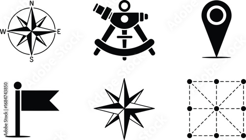 A collection of black and white icons including compasses, a theodolite, a map marker, and a flag