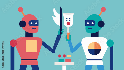 Two colorful robots fencing with swords in a playful flat design style