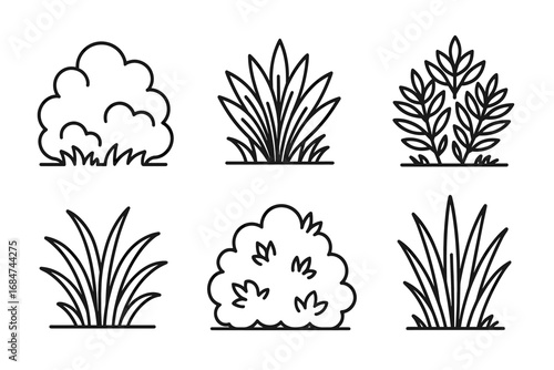 Set of six simple line art shrub and bush illustrations