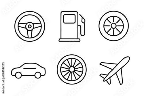 Transportation icons: steering wheel, gas pump, wheels, car, airplane