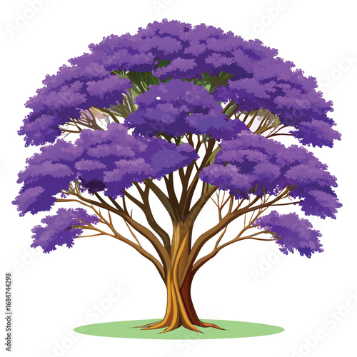 A vibrant jacaranda tree with beautiful purple blossoms, a stunning illustration on a clean white background, symbolizing nature, spring, and new life.