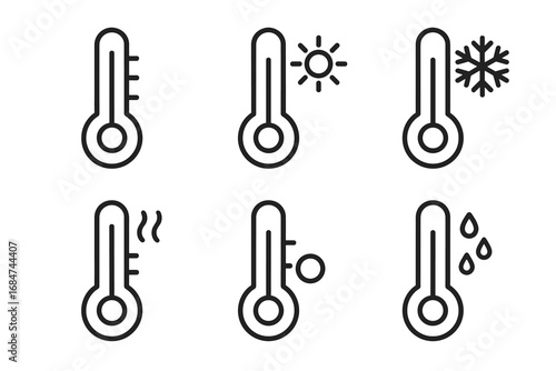 Collection of simple thermometer icons showing temperature variations