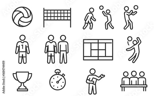 Various volleyball icons depicting players, equipment, and trophies in a minimalist style
