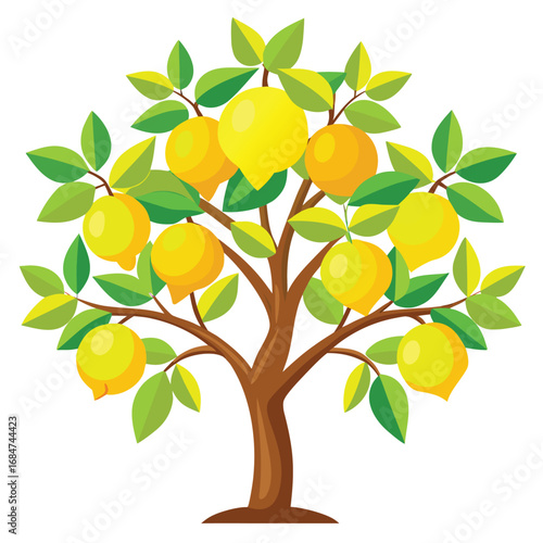 A vibrant lemon tree with bright yellow fruits and green leaves, a healthy and detailed illustration on a clean white background, for nature or food.