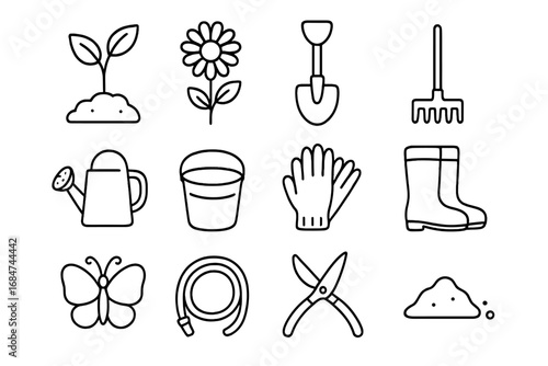 Gardening tools and elements represented in simple line art suitable for educational and creative projects